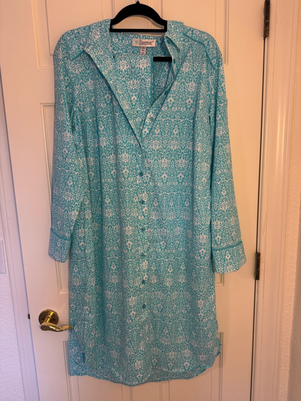 Coolibar Aqua and White Printed Button-Front Tunic Dress